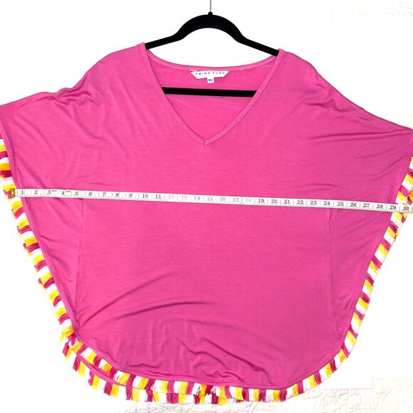 Trina Turk Delfino Fringed Tunic Poncho Top Boho Resort Shirt Vibrant Pink M / L - Picture 7 of 12